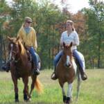 The girls riding horses in the hay field. 2008